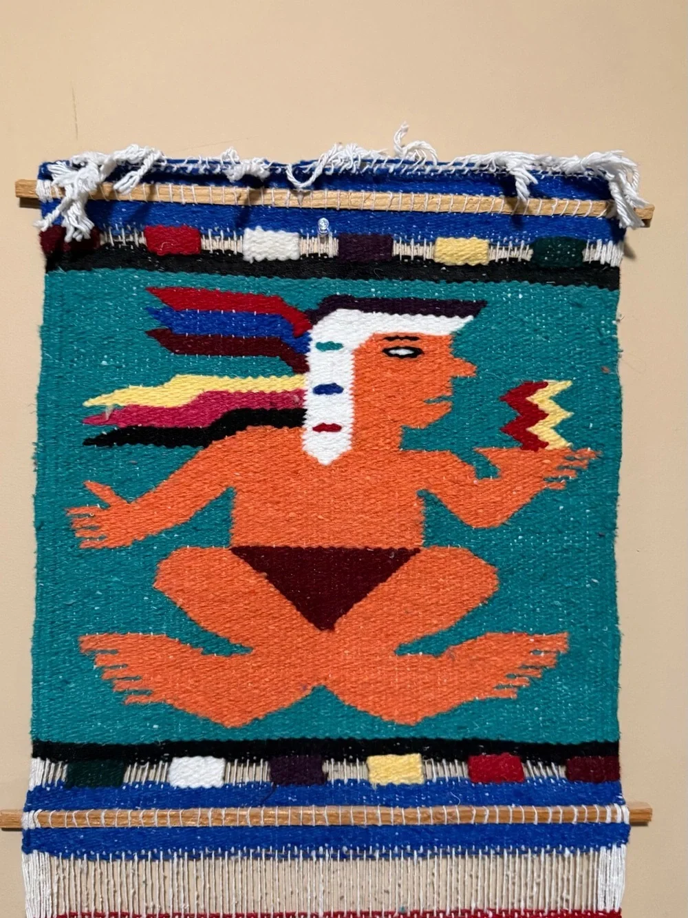 Vintage Mayan Aztec Tapestry Wall Hanging Handwoven Wool Boho Folk Art